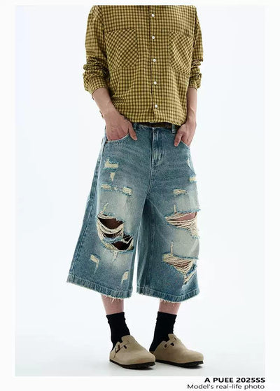 Distressed & Ripped Denim Shorts Korean Street Fashion Shorts By A PUEE Shop Online at OH Vault