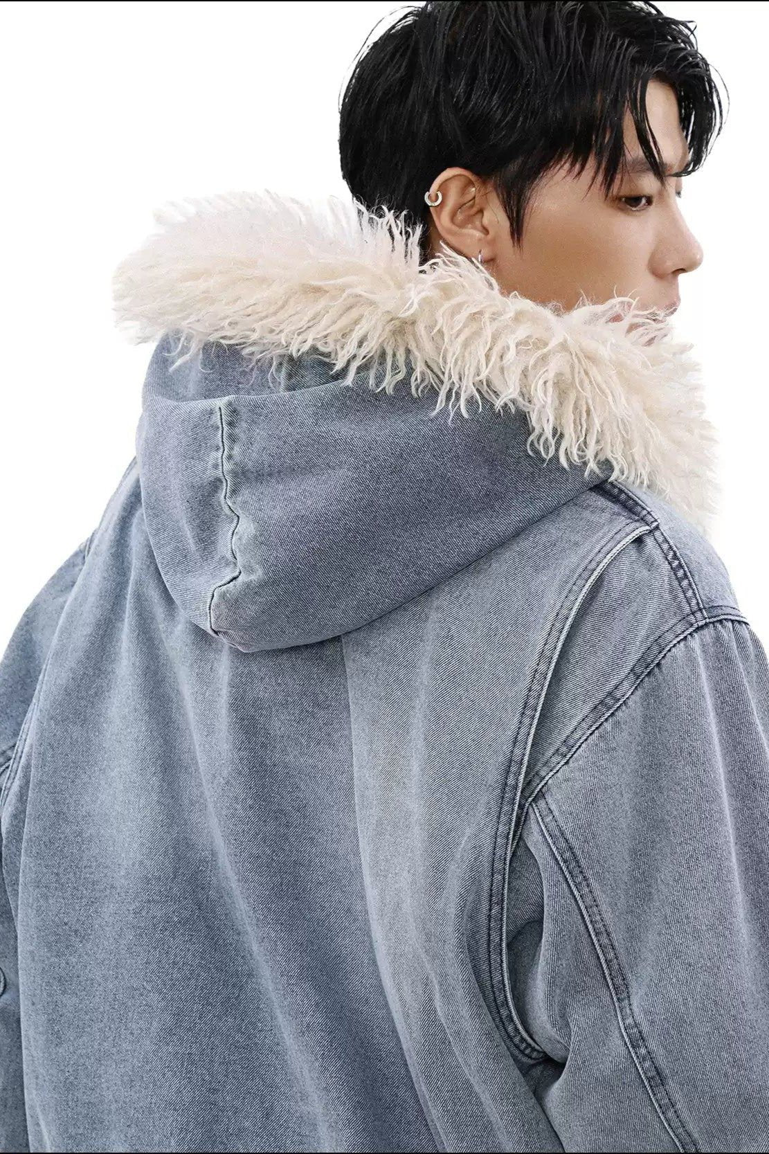 Faux Fur Hood Denim Jacket Korean Street Fashion Jacket By Mr Nearly Shop Online at OH Vault