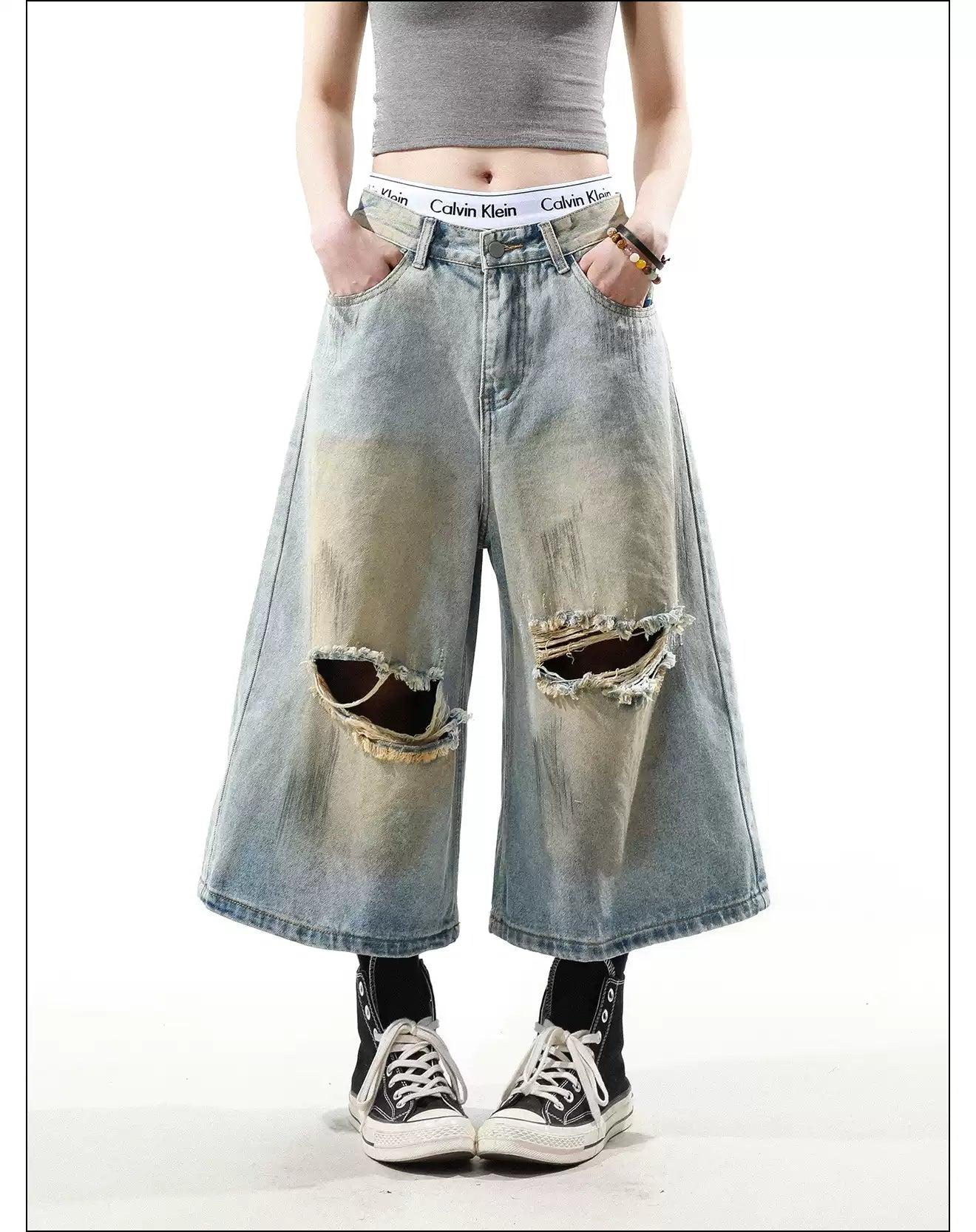 Stone Washed Ripped Denim Shorts Korean Street Fashion Shorts By Mr Nearly Shop Online at OH Vault