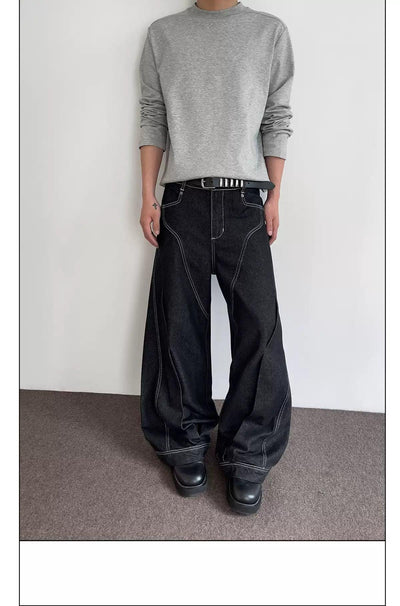 Multi-Pleated Topstitch Jeans Korean Street Fashion Jeans By A PUEE Shop Online at OH Vault