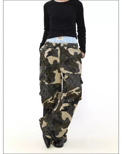 Double-Waist Wide Camo Cargo Pants Korean Street Fashion Pants By Mr Nearly Shop Online at OH Vault