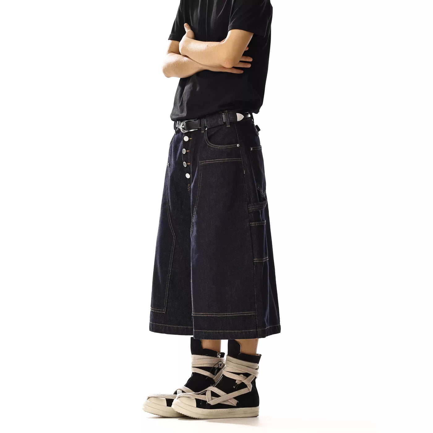 Multi-Buttoned Wide Denim Shorts Korean Street Fashion Shorts By MEBXX Shop Online at OH Vault