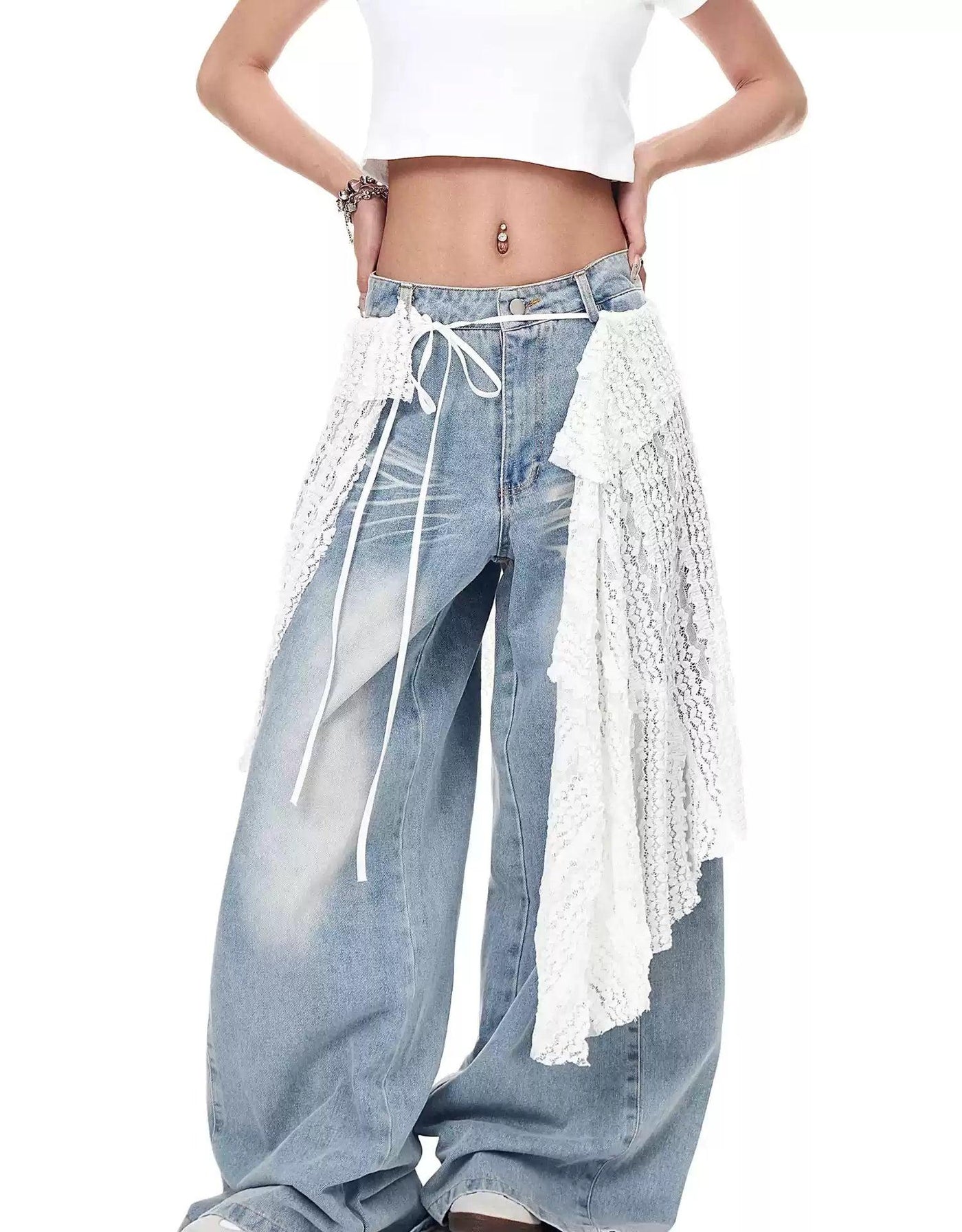Lace Fabric Layered Jeans Korean Street Fashion Jeans By Blacklists Shop Online at OH Vault