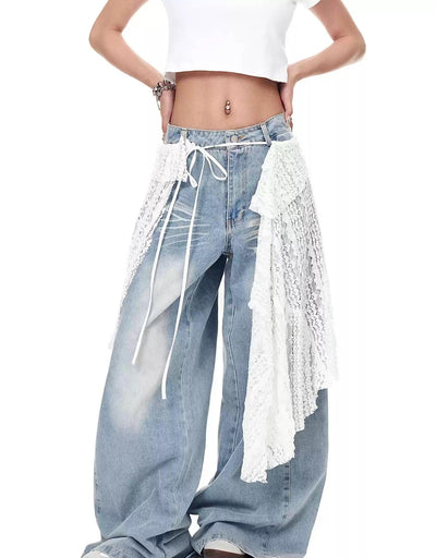 Lace Fabric Layered Jeans Korean Street Fashion Jeans By Blacklists Shop Online at OH Vault