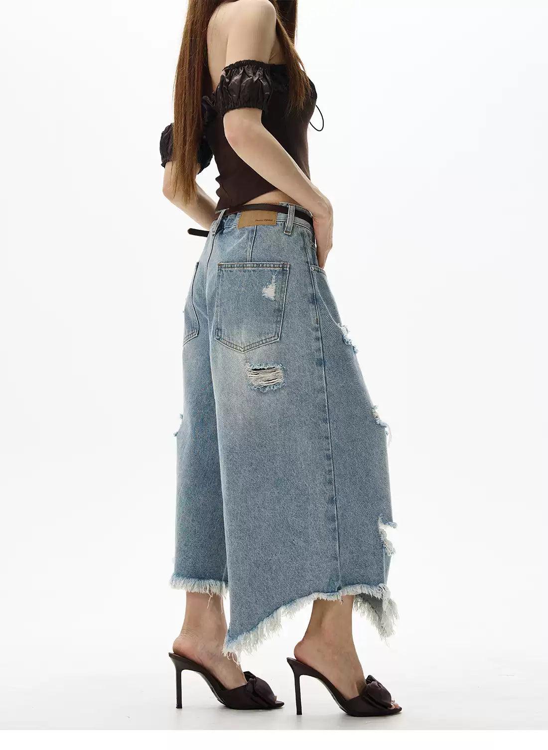 Distressed Irregular Cut Denim Shorts Korean Street Fashion Shorts By 77Flight Shop Online at OH Vault