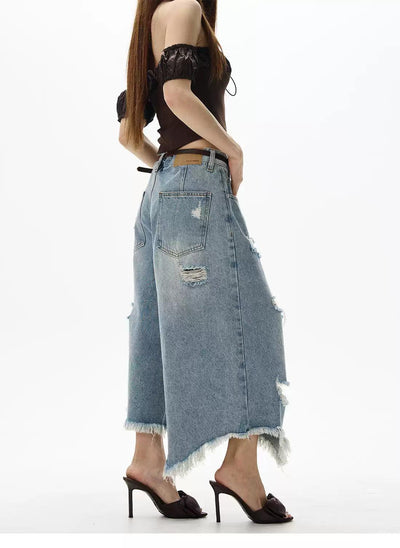 Distressed Irregular Cut Denim Shorts Korean Street Fashion Shorts By 77Flight Shop Online at OH Vault