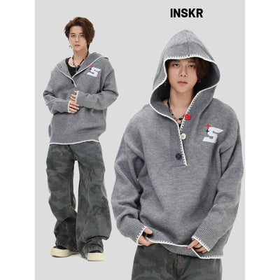 Color Half- Buttoned Hooded Sweater Korean Street Fashion Sweater By INS Korea Shop Online at OH Vault