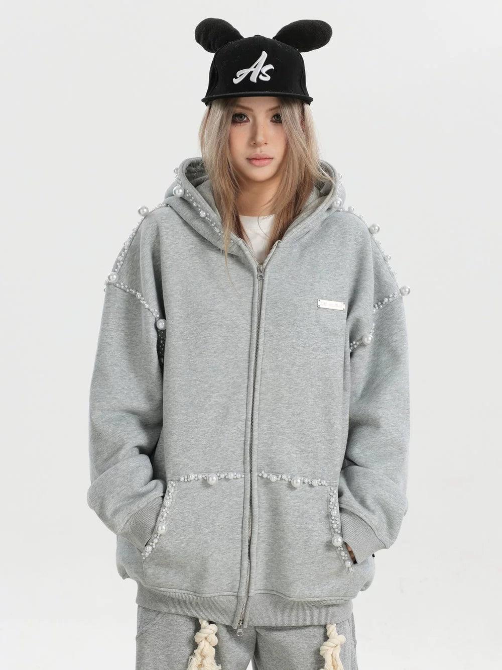 Irregular Pearl Detail Zip-Up Hoodie Korean Street Fashion Hoodie By INS Korea Shop Online at OH Vault