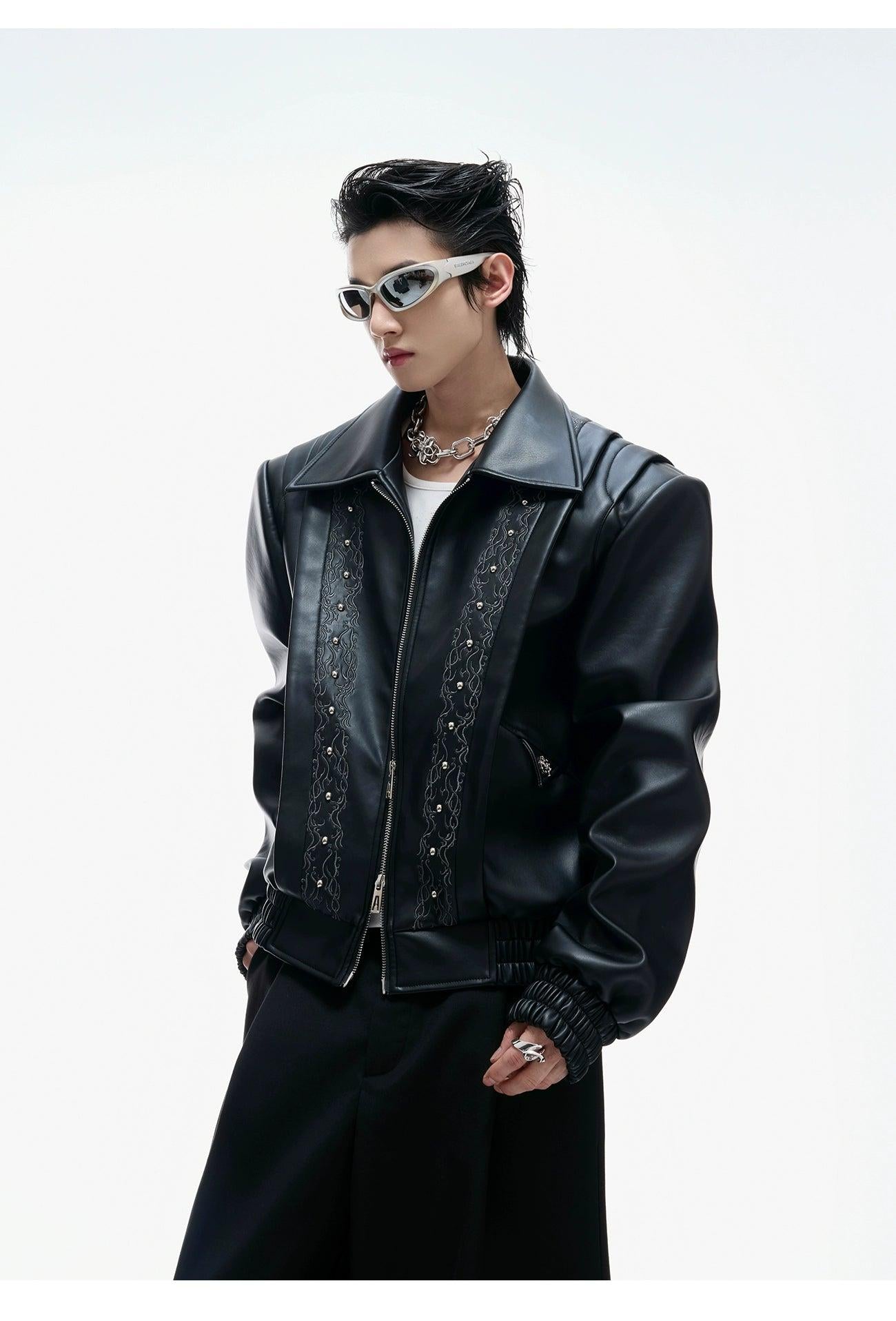 Vine Embroidery Structured PU Leather Jacket Korean Street Fashion Jacket By Argue Culture Shop Online at OH Vault