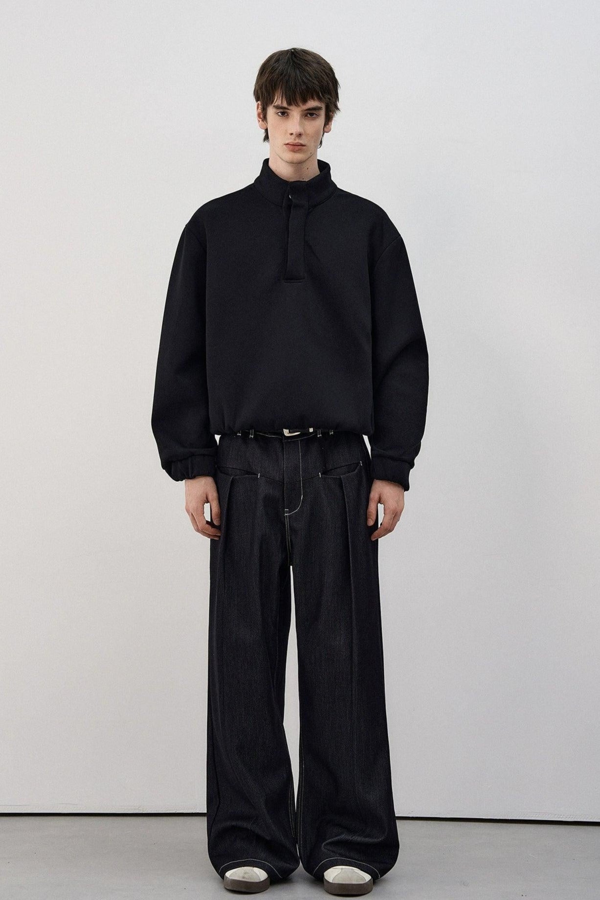 Solid Color Half Buttoned Crewneck Korean Street Fashion Crewneck By MaxDstr Shop Online at OH Vault