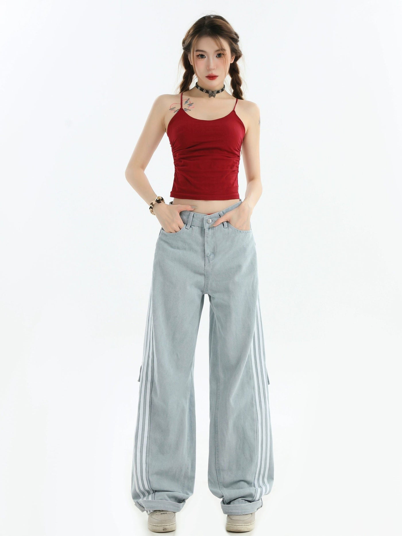 Strap Belt Ends Buttoned Jeans Korean Street Fashion Jeans By INS Korea Shop Online at OH Vault