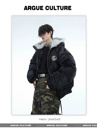 Pleated Fur Hooded Bomber Jacket Korean Street Fashion Jacket By Argue Culture Shop Online at OH Vault