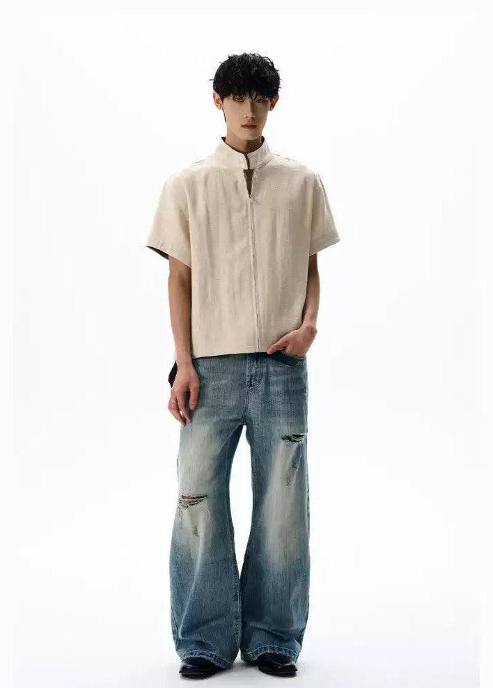 Stand Collar Boxy Zipped Shirt Korean Street Fashion Shirt By A PUEE Shop Online at OH Vault