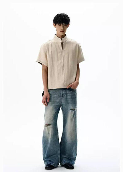 Stand Collar Boxy Zipped Shirt Korean Street Fashion Shirt By A PUEE Shop Online at OH Vault
