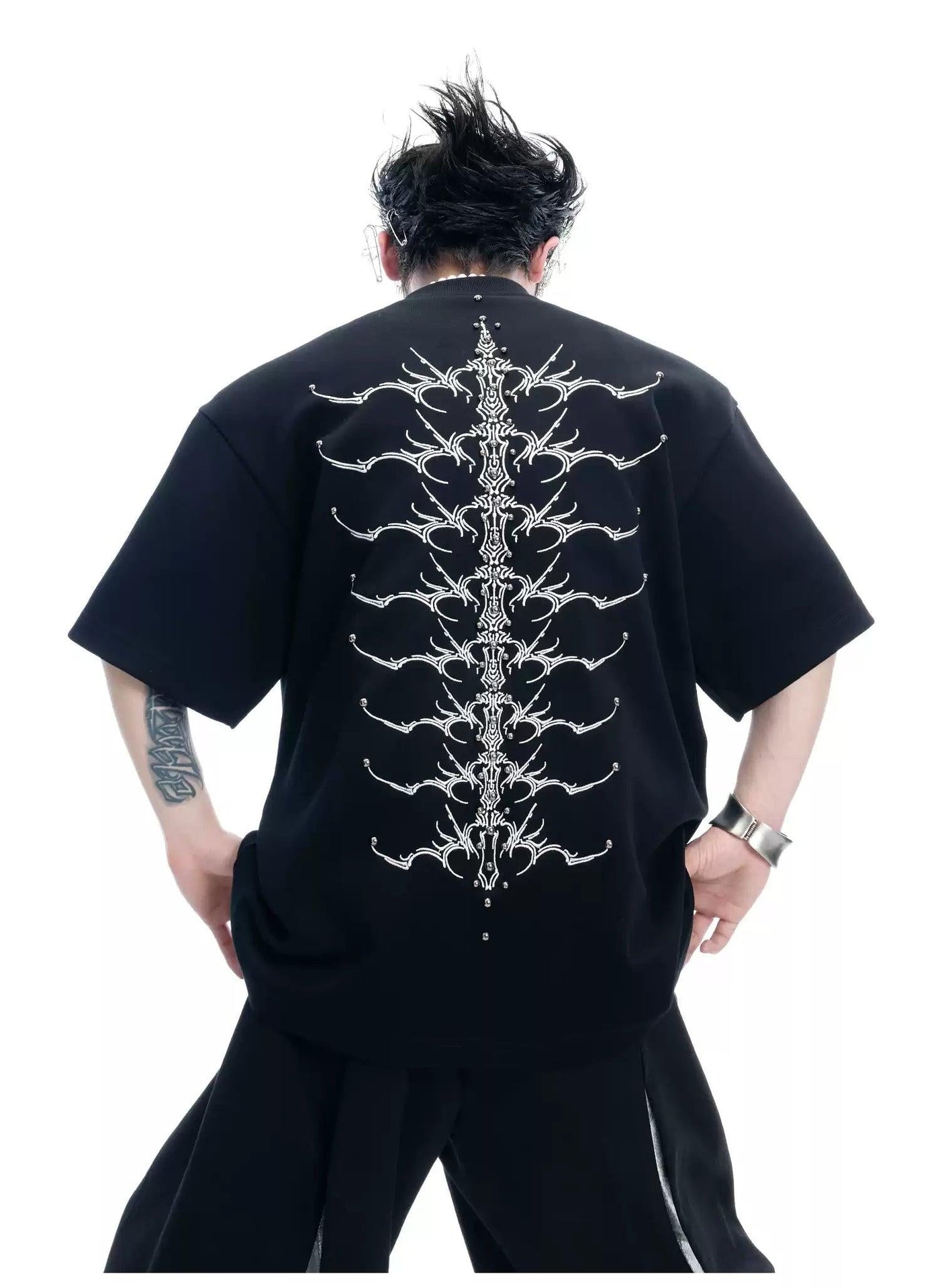 Detailed Spine Embroidered T-Shirt Korean Street Fashion T-Shirt By Argue Culture Shop Online at OH Vault