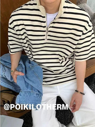 Half-Zippered Striped Long Sleeve T-Shirt Korean Street Fashion T-Shirt By Poikilotherm Shop Online at OH Vault