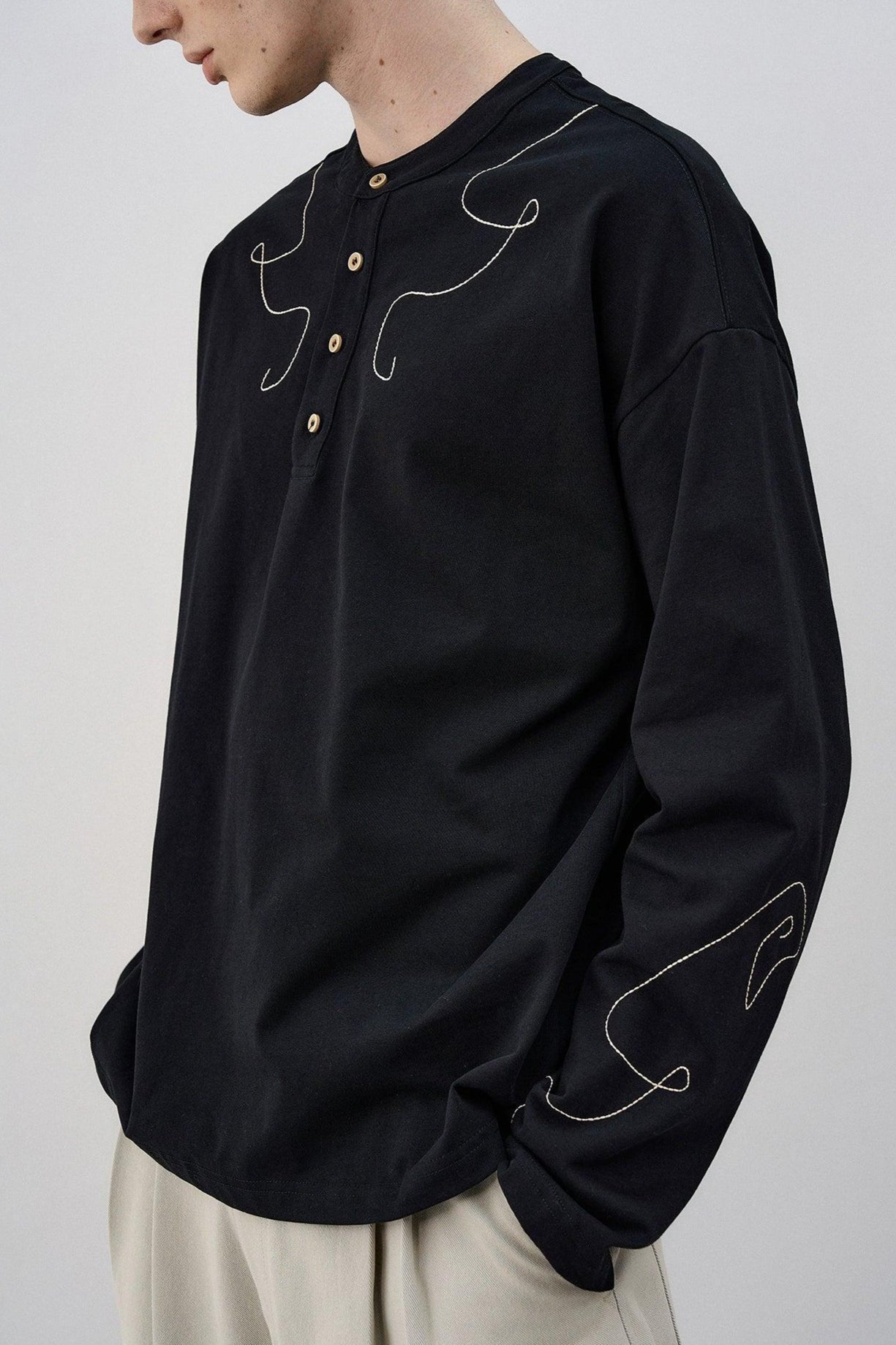 Contrast Stitched Henley Collar T-Shirt Korean Street Fashion T-Shirt By MaxDstr Shop Online at OH Vault