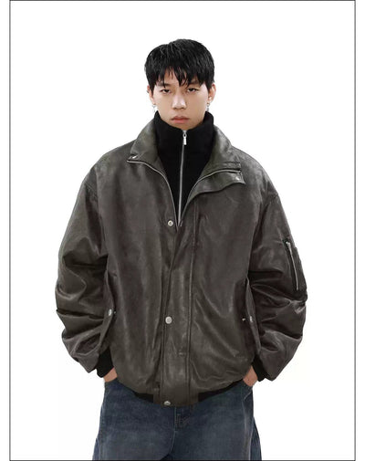 Heavy Stand Collar PU Leather Jacket Korean Street Fashion Jacket By Mr Nearly Shop Online at OH Vault