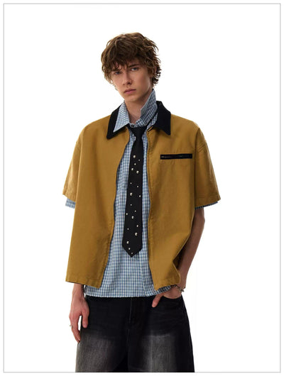 Contrast Collar Boxy Zipped Shirt Korean Street Fashion Shirt By Mr Nearly Shop Online at OH Vault
