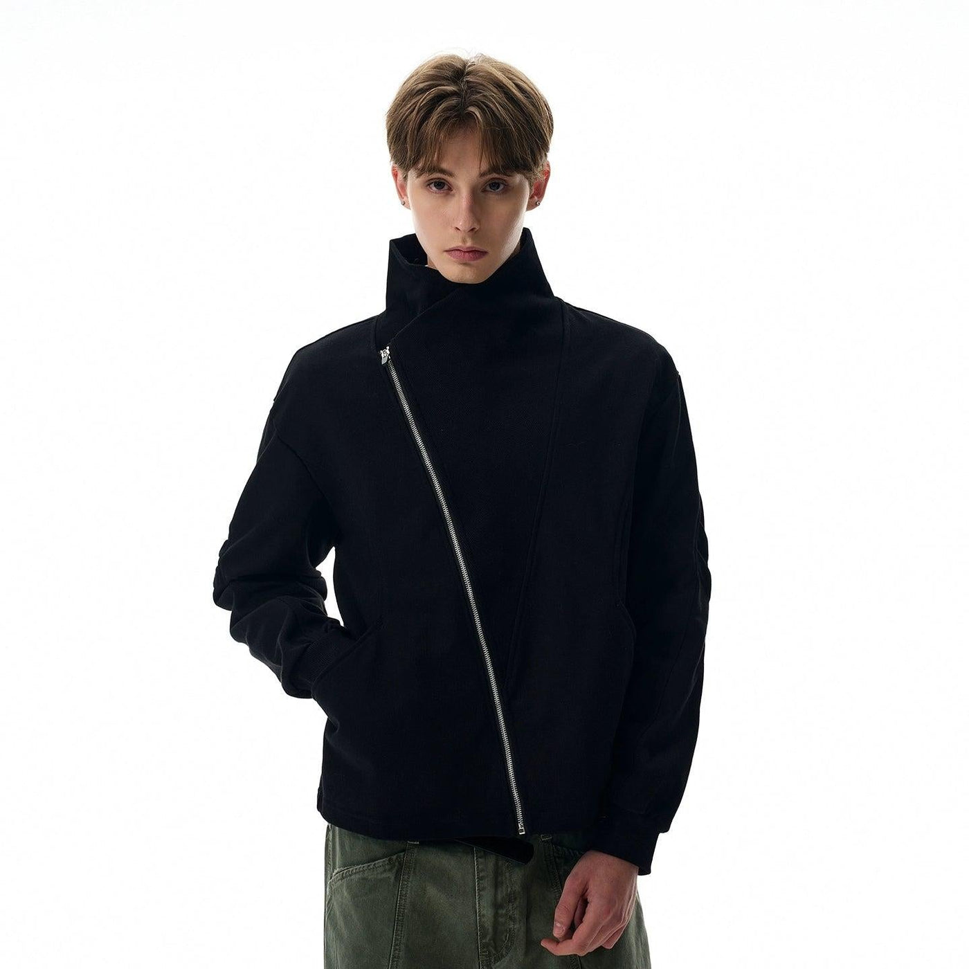 Structured Wrap Collar Asymmetric Zipped Jacket