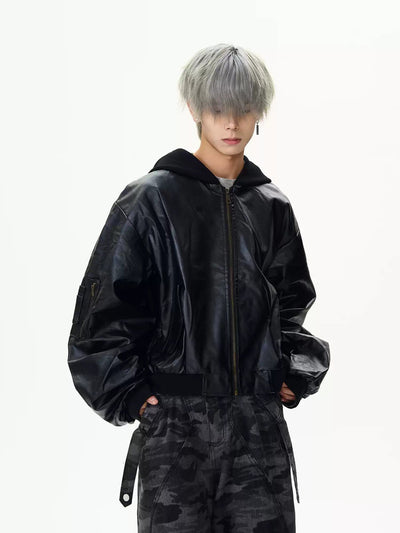 Spliced Hood Bomber Leather Jacket Korean Street Fashion Jacket By MaxDstr Shop Online at OH Vault