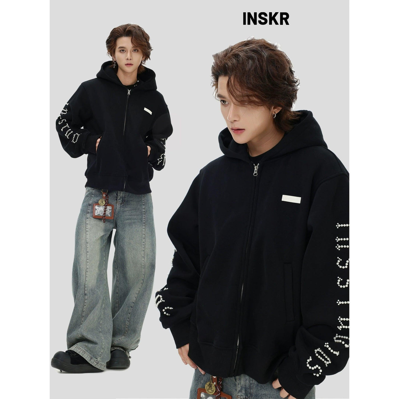 Pearled Logo Zip-Up Hoodie Korean Street Fashion Hoodie By INS Korea Shop Online at OH Vault