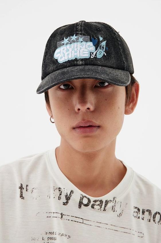 Stitched Graphic Washed Denim Hat Korean Street Fashion Hat By Crying Center Shop Online at OH Vault