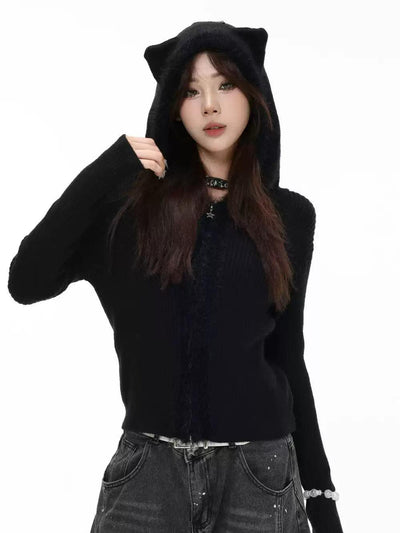 Cat Ears Hooded Zipped Sweater Korean Street Fashion Sweater By INS Korea Shop Online at OH Vault
