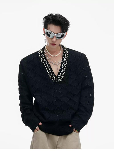 Pear & Stone V-Neck Patterned Sweater Korean Street Fashion Sweater By Argue Culture Shop Online at OH Vault