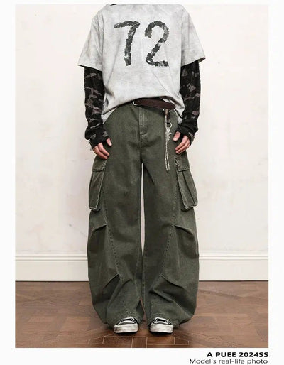 Faded Pleats Wide Cargo Pants Korean Street Fashion Pants By A PUEE Shop Online at OH Vault