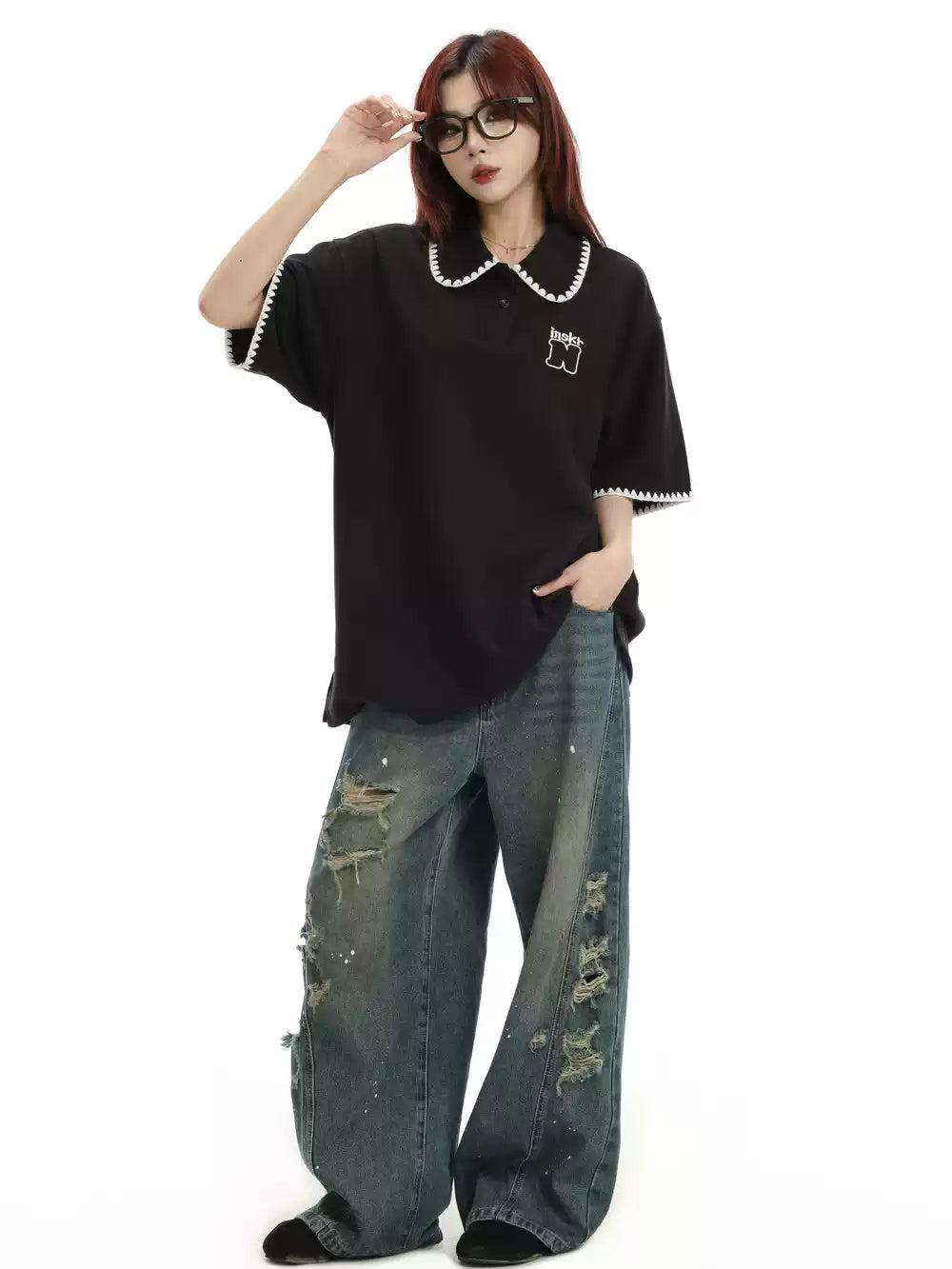 Stitched End Lines Polo Korean Street Fashion Polo By INS Korea Shop Online at OH Vault