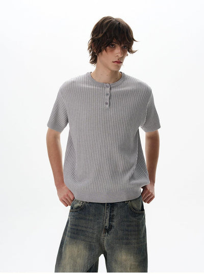 Henley Collar Ribbed Knit T-Shirt Korean Street Fashion T-Shirt By 77Flight Shop Online at OH Vault