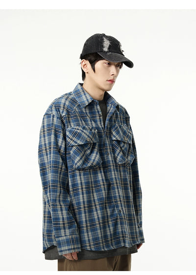 Embossed Pockets Plaid Shirt Korean Street Fashion Shirt By 77Flight Shop Online at OH Vault