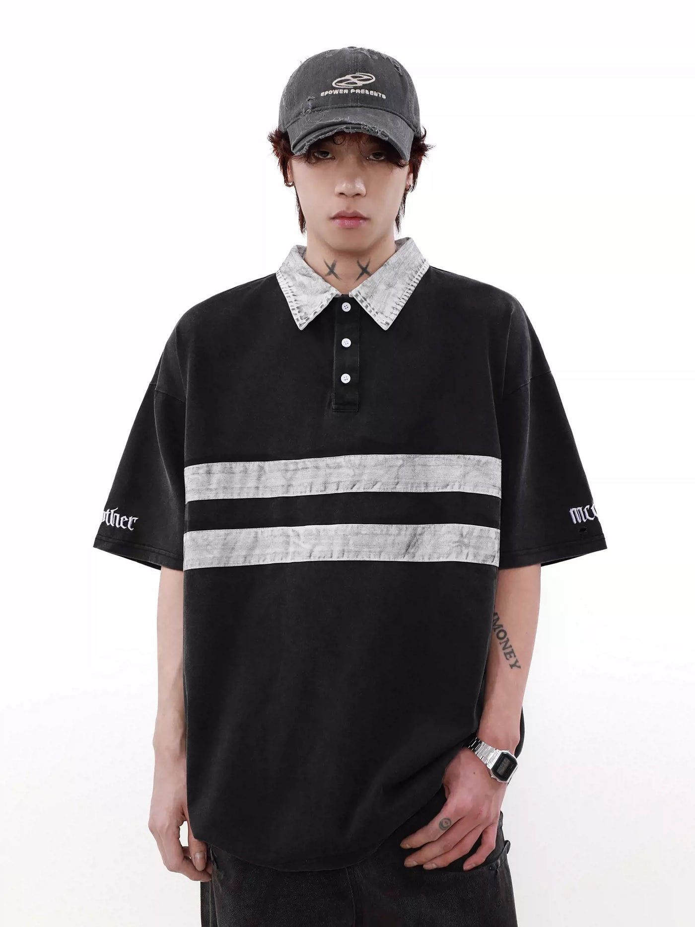 Smudged Striped Detail Polo Korean Street Fashion Polo By Mr Nearly Shop Online at OH Vault