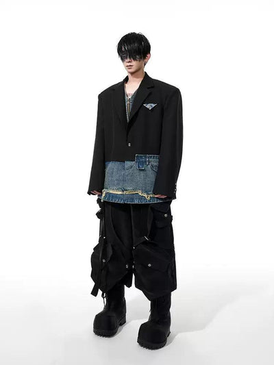Chic Denim Layered Detail Blazer Korean Street Fashion Blazer By Slim Black Shop Online at OH Vault