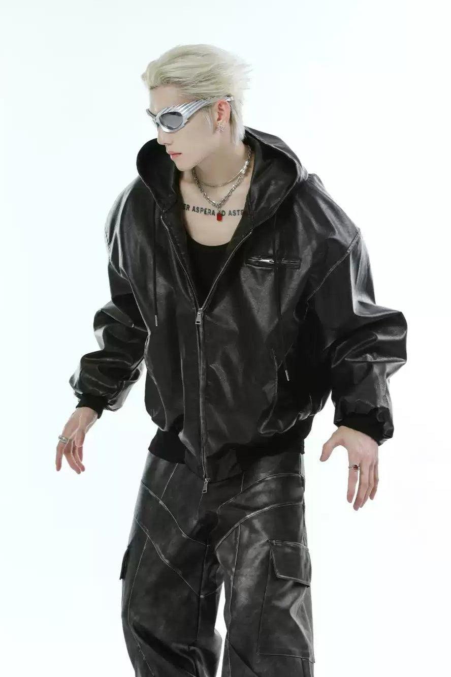 Hooded and Zipped PU Leather Jacket Korean Street Fashion Jacket By Turn Tide Shop Online at OH Vault