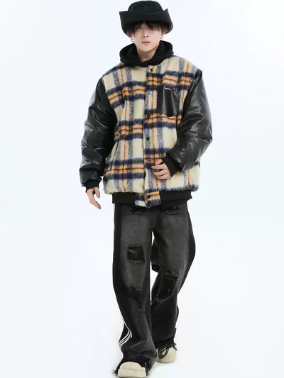 Spliced Plaid PU Leather Jacket Korean Street Fashion Jacket By INS Korea Shop Online at OH Vault