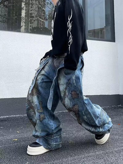 Stitched Stain Baggy Fit Jeans Korean Street Fashion Jeans By Dark Fog Shop Online at OH Vault
