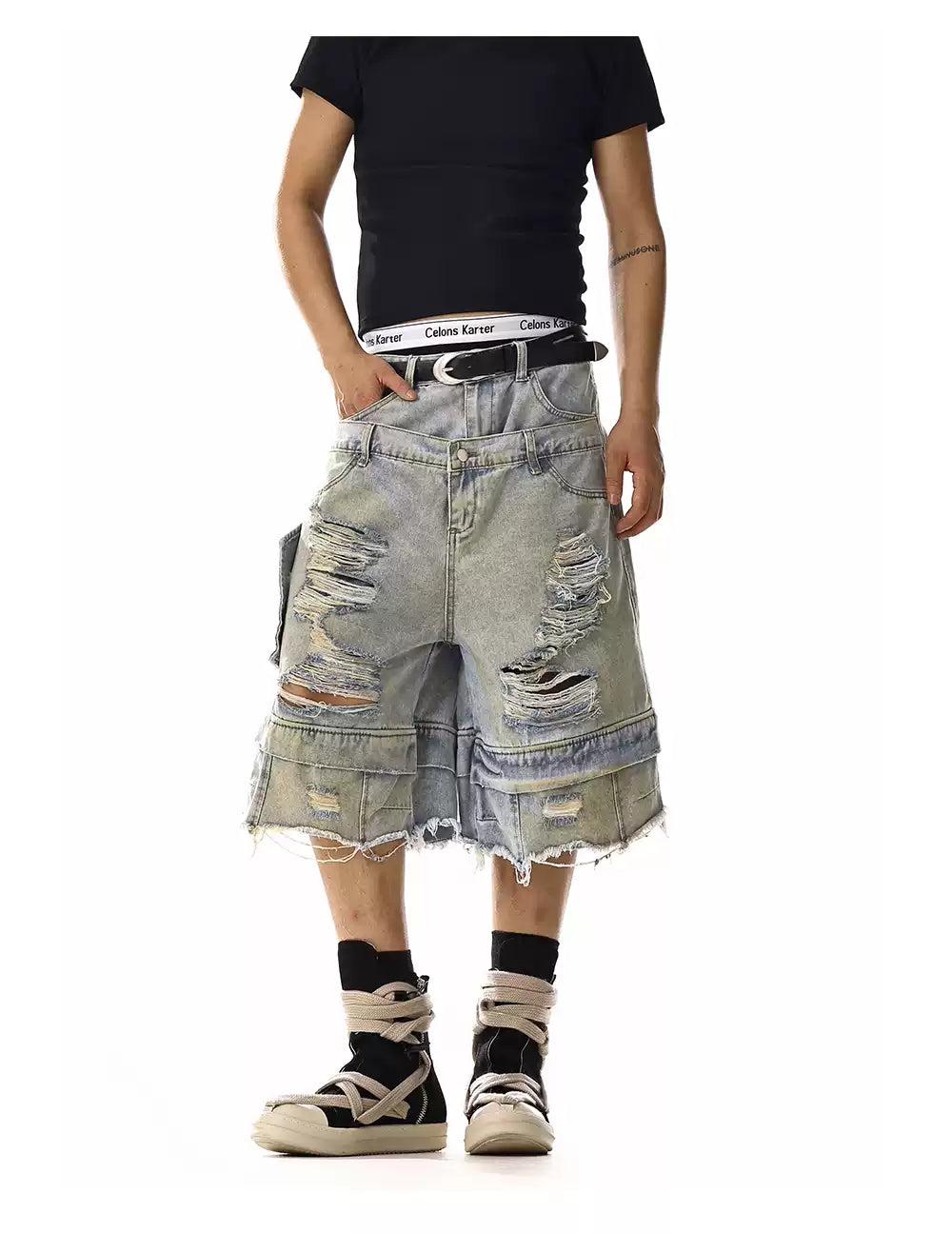 Extra Distressed Structured Denim Shorts Korean Street Fashion Shorts By MEBXX Shop Online at OH Vault