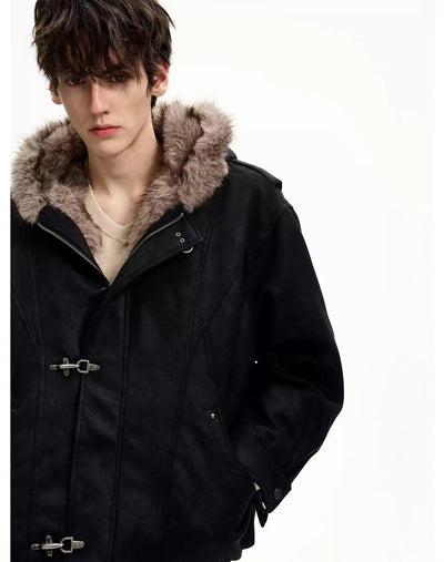 Fur Trim Hood Fireman Clasp Micro Suede Jacket Korean Street Fashion Jacket By MaxDstr Shop Online at OH Vault
