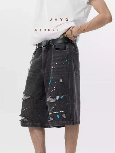 Ink-Splash Ripped Hole Denim Shorts Korean Street Fashion Shorts By JHYQ Shop Online at OH Vault