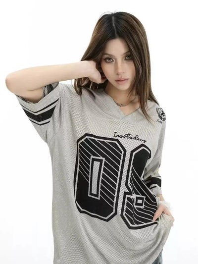 Mesh V-Neck Jersey T-Shirt Korean Street Fashion T-Shirt By INS Korea Shop Online at OH Vault