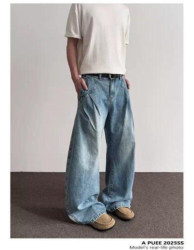 Structured & Faded Wide Jeans Korean Street Fashion Jeans By A PUEE Shop Online at OH Vault