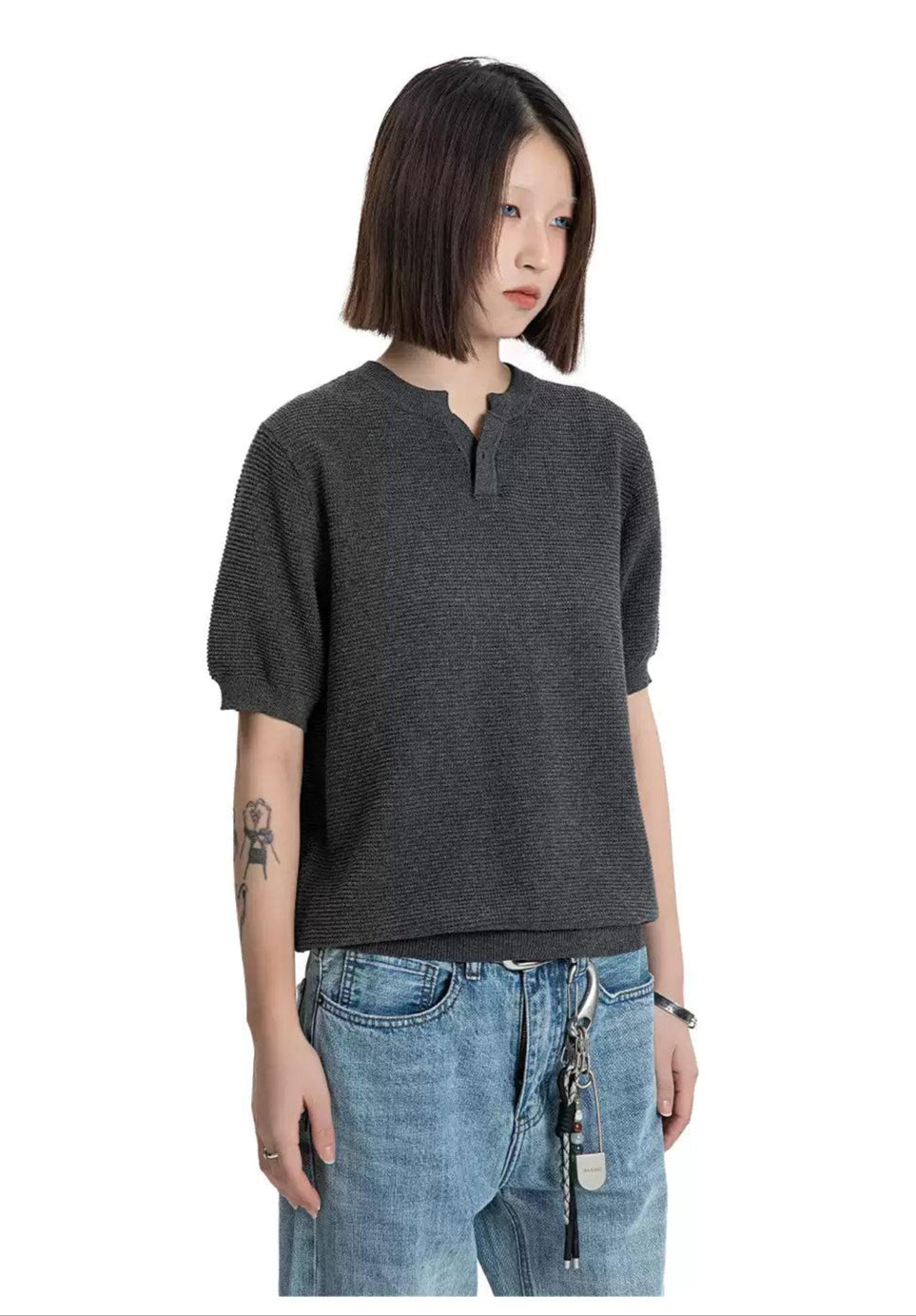 Waffle Grid Buttoned Knit T-Shirt Korean Street Fashion T-Shirt By Made Extreme Shop Online at OH Vault