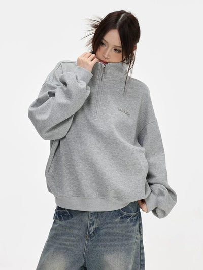 Metallic Logo Stand Collar Half-Zip Korean Street Fashion Half-Zip By INS Korea Shop Online at OH Vault