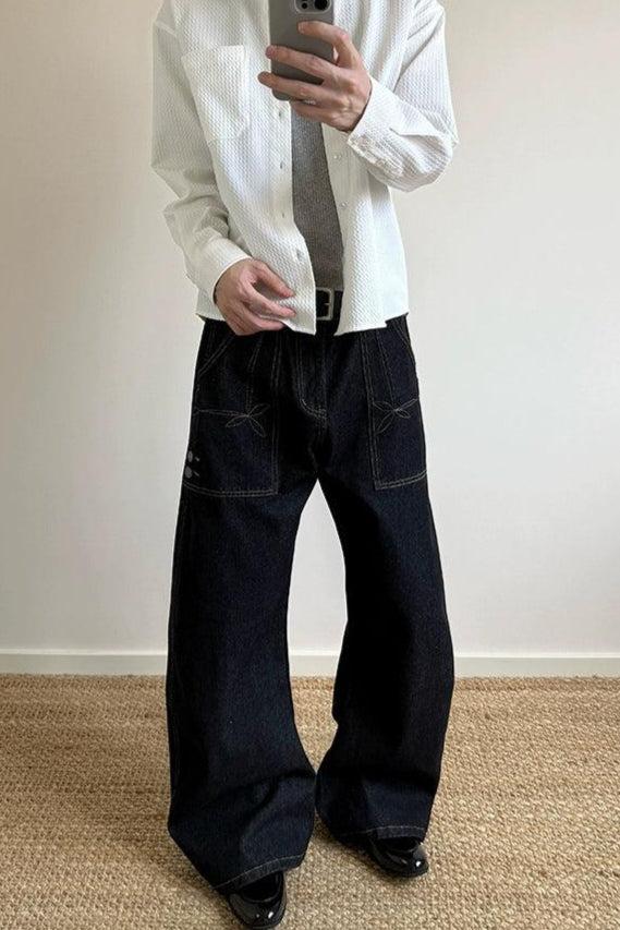 Contrast Outlined Pocket Wide Jeans Korean Street Fashion Jeans By A PUEE Shop Online at OH Vault