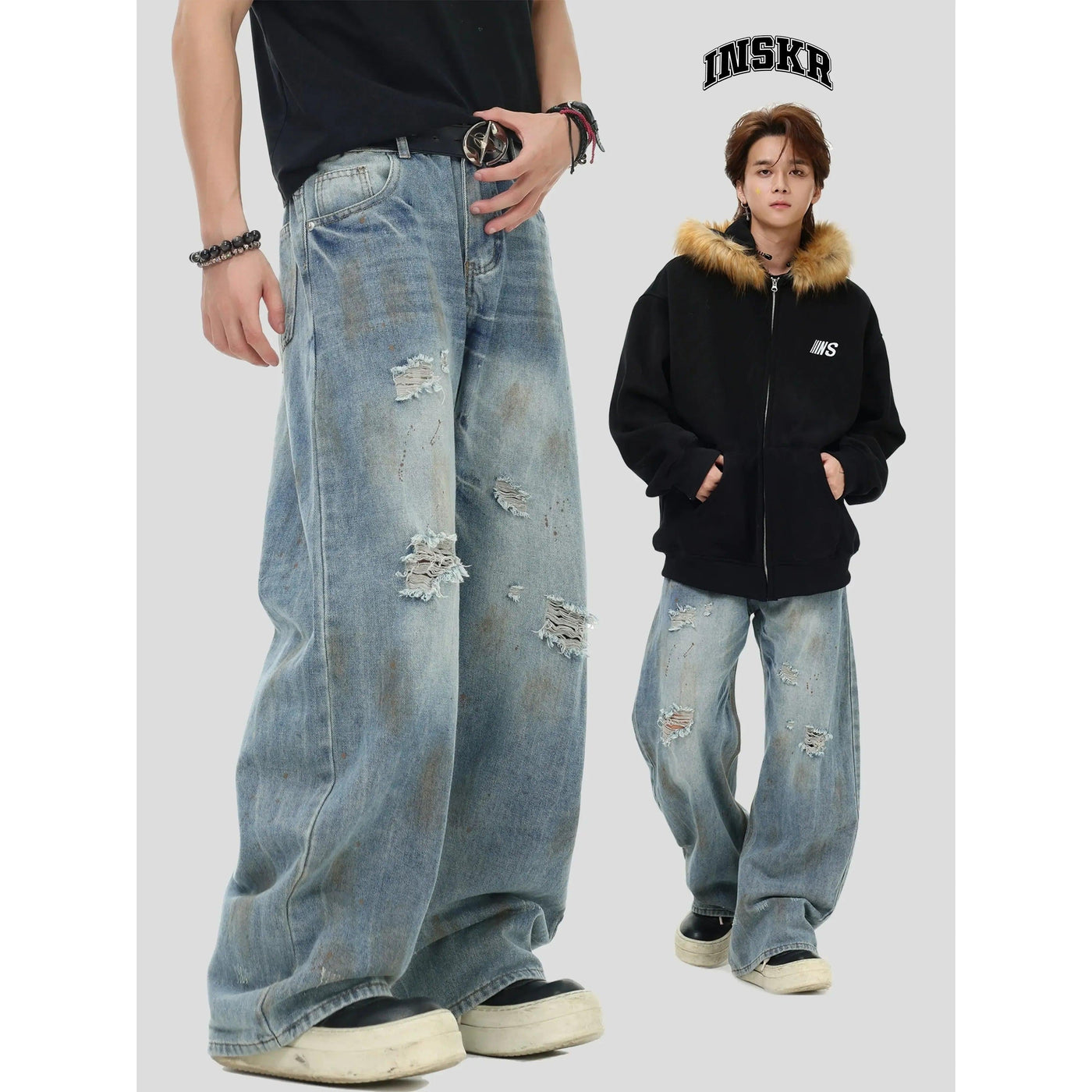 Distressed Faded Straight Jeans Korean Street Fashion Jeans By INS Korea Shop Online at OH Vault