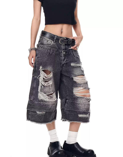 Dstressed Lines Frayed Denim Shorts Korean Street Fashion Shorts By Blacklists Shop Online at OH Vault
