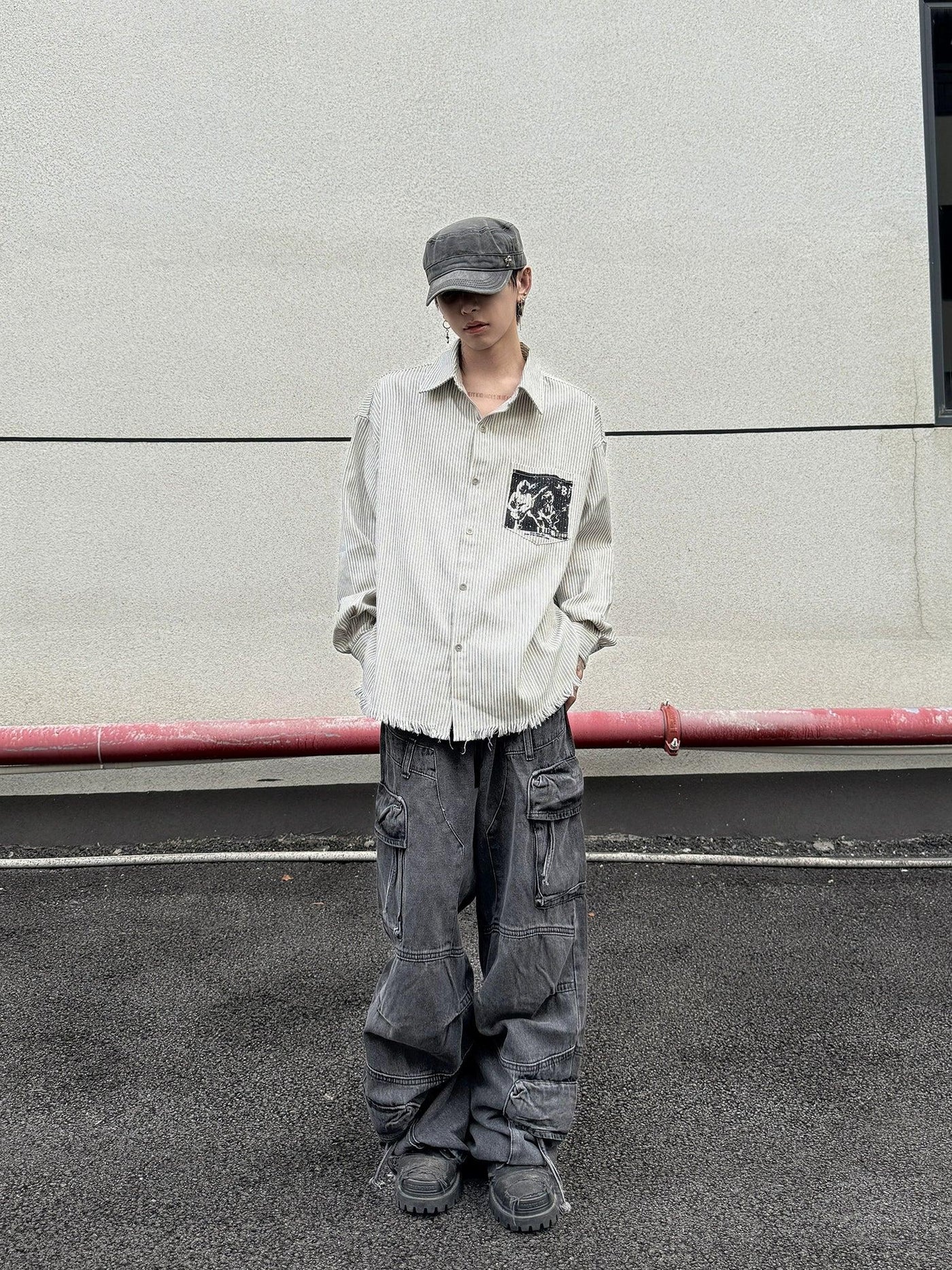 Chic Frayed & Striped L/S Shirt Korean Street Fashion Shirt By Ash Dark Shop Online at OH Vault