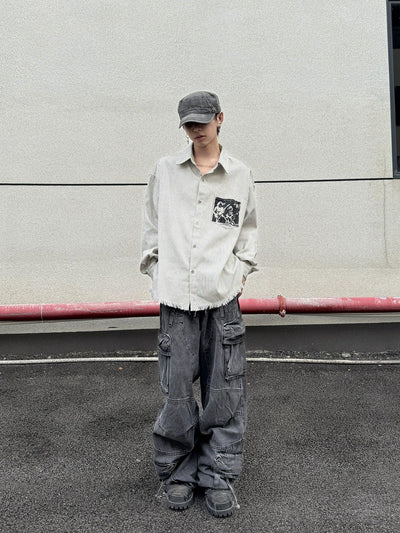 Chic Frayed & Striped L/S Shirt Korean Street Fashion Shirt By Ash Dark Shop Online at OH Vault